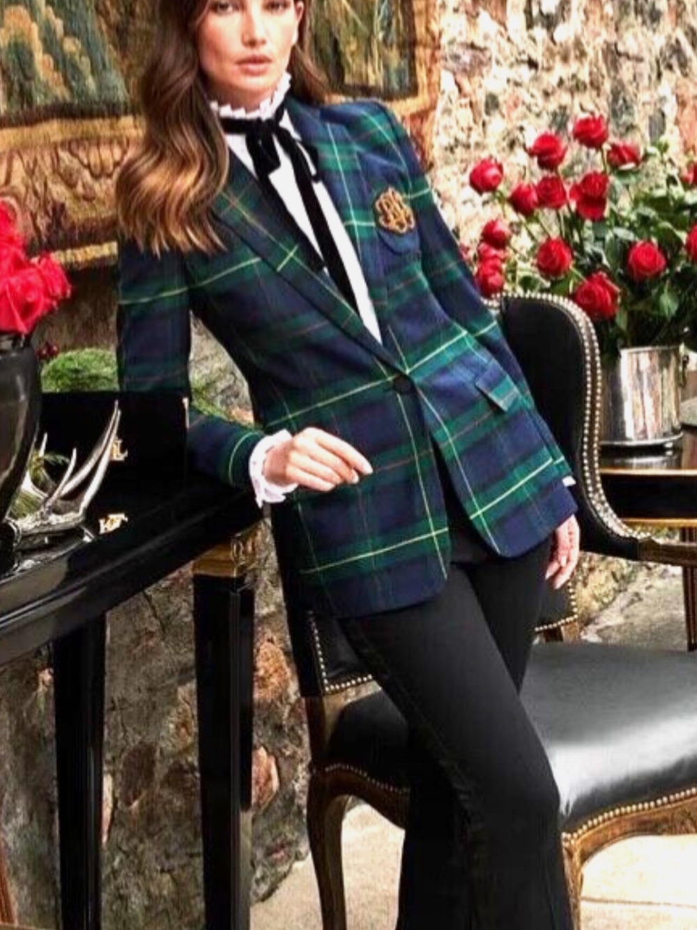 Lauren Ralph Lauren Navy & Green Plaid Tailored Blazer with Crest - Picture 3 of 17